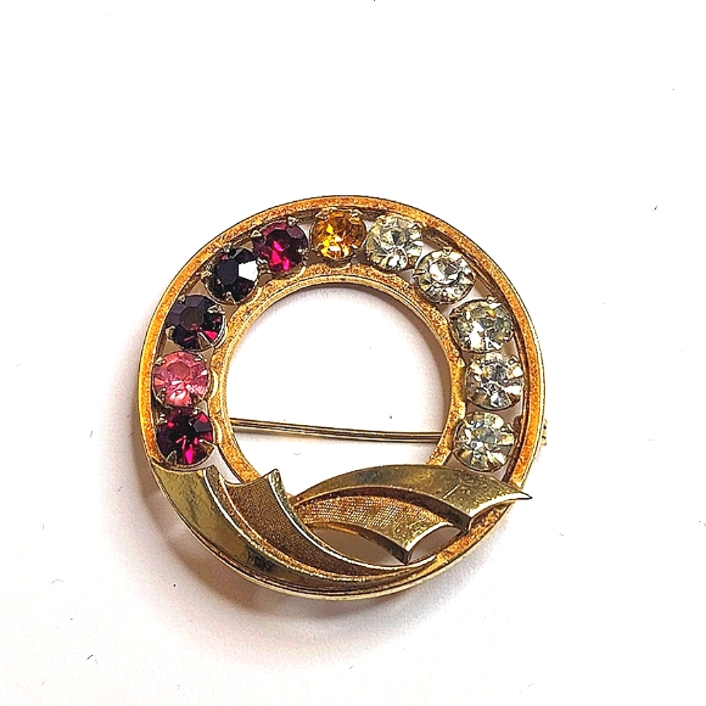 Vintage Gold Filled Multi Colored Crystal Brooch, Signed 1/20 12k GF - Picture 3 of 6